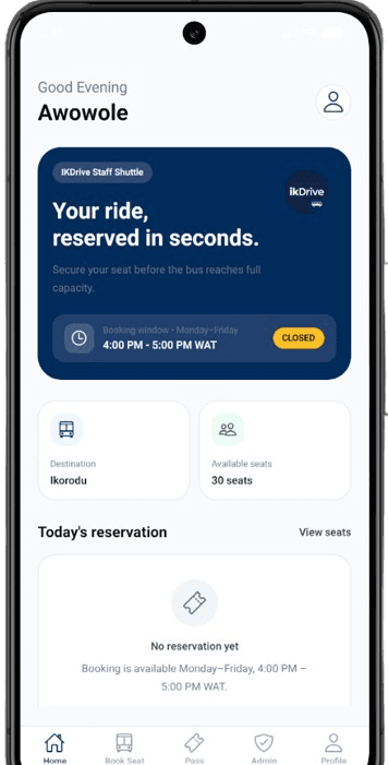 IKDrive Staff Shuttle mobile app Home screen